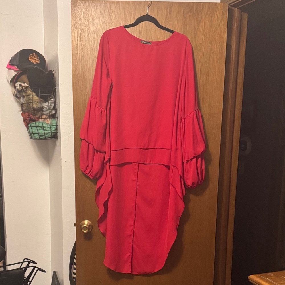 Women's Lantern Long Sleeve Round Neck High Low Asymmetrical Shirt Dress